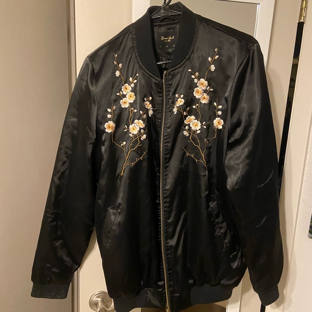 Brave Soul Black Bomber Jacket with Floral Embroidery